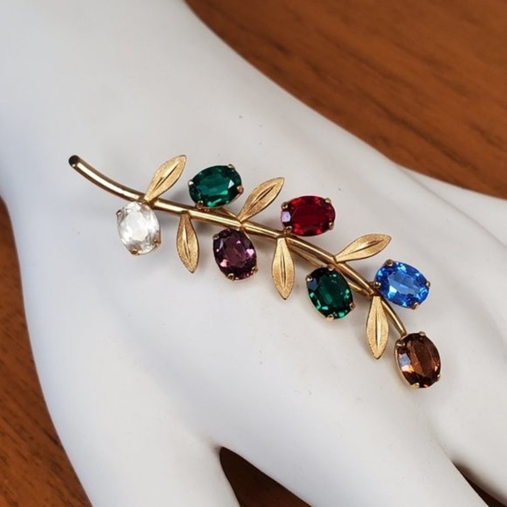 Vintage | Van Dell Leaf Brooch Pin 12K Gold Filled | Multi Color Rhinestone